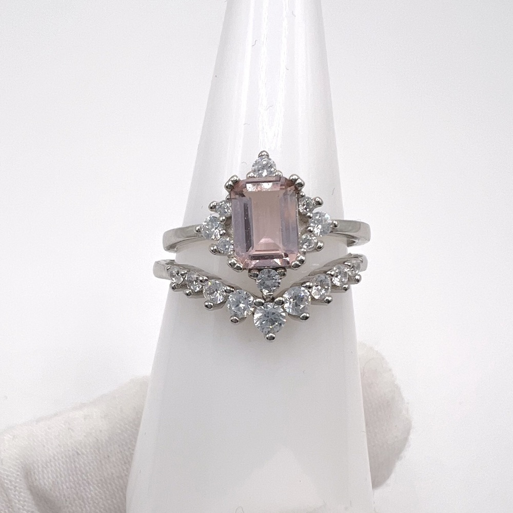 .925 Sterling Silver Light Morganite Cz & Clear Cz 2 PC Ring Set - Picture 6 of 17